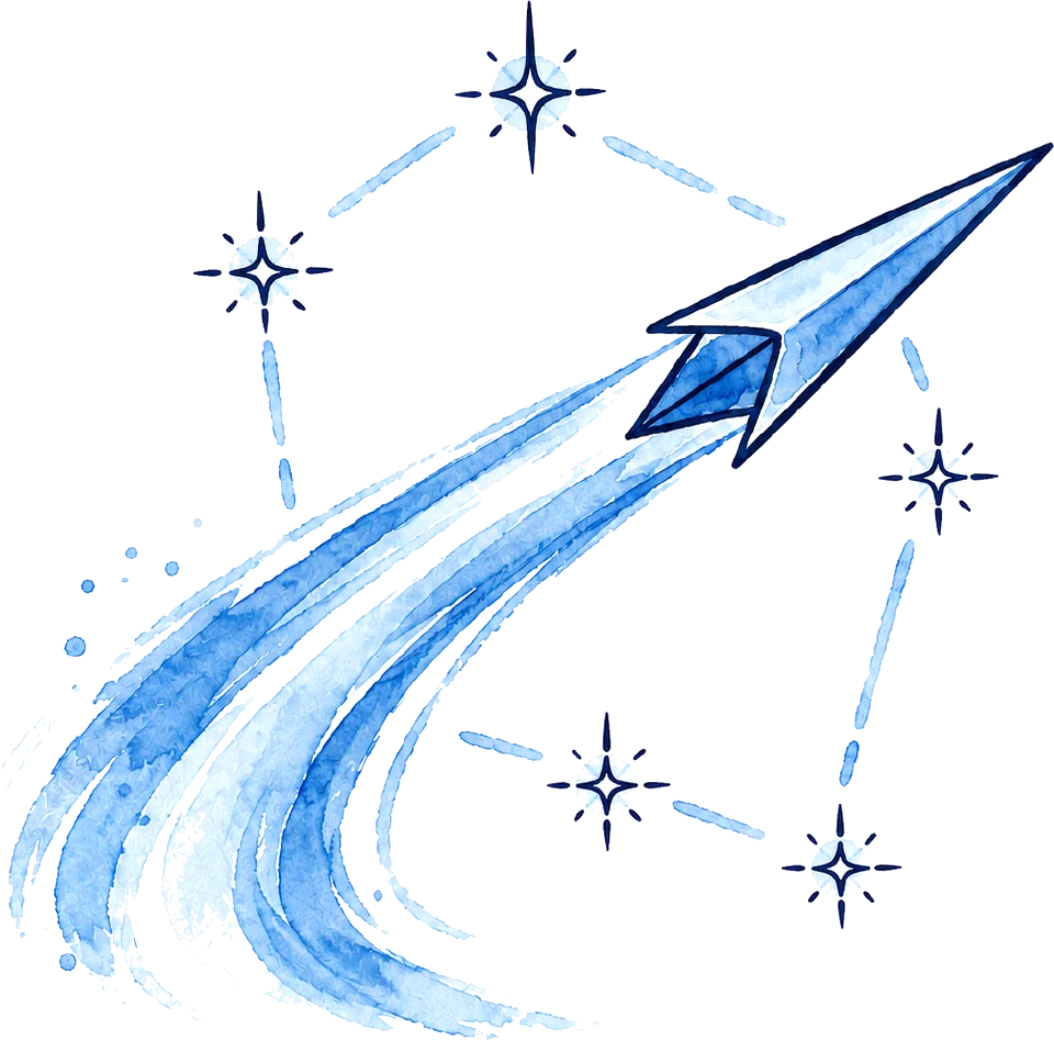 Watercolor illustration of a paper plane climbing past a constellation of stars