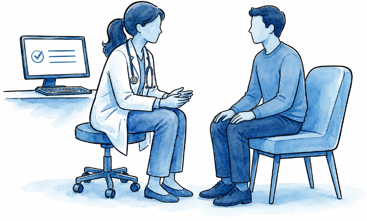 Illustration of a clinician and patient talking during a consultation